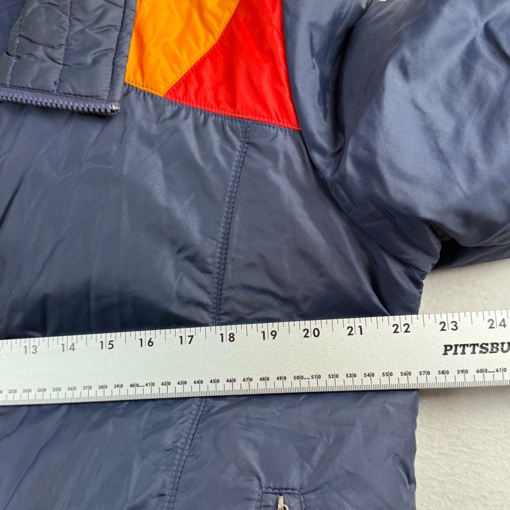 Vintage Comfy Goose Down Puffer Jacket Navy Blue Retro Chevron Distressed XL - Picture 6 of 7